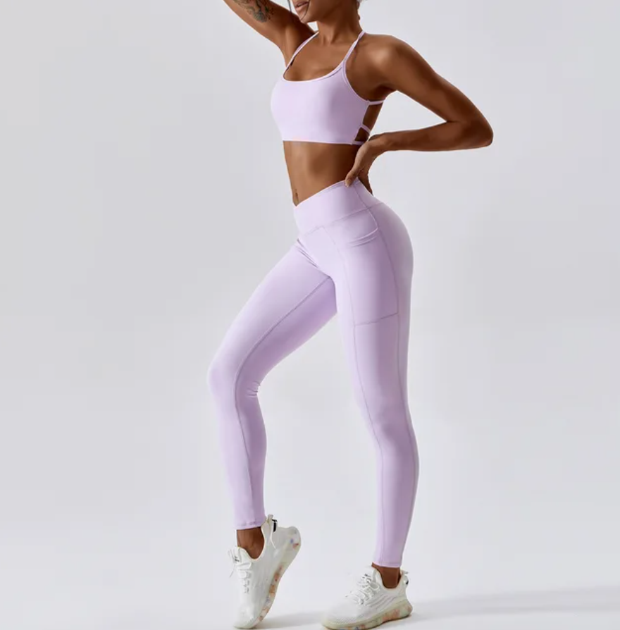 Lilac V Front Leggings Backless Strappy Cropped Seamless Gym Set