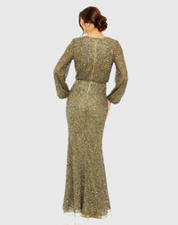 High neck long sleeved sequin modest gown - Olive