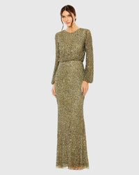 Mac Duggal, High neck long sleeved sequin modest gown - Olive #10044