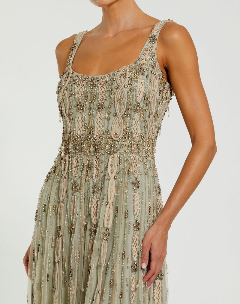 Embellished Mesh Sleeveless Scoop Neck Midi Dress - Nude Sage