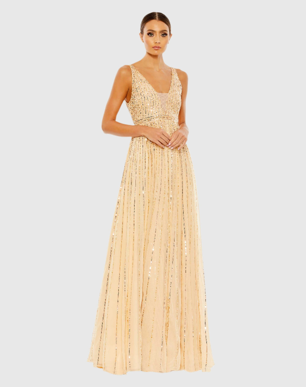 Mac Duggal Sequin Plunge Neck Gown Sunset Nude 