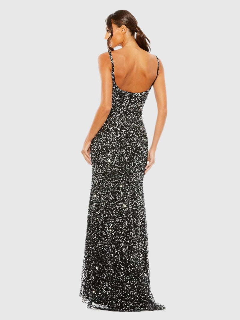 Sequin low back thin strap sequin gown - Black