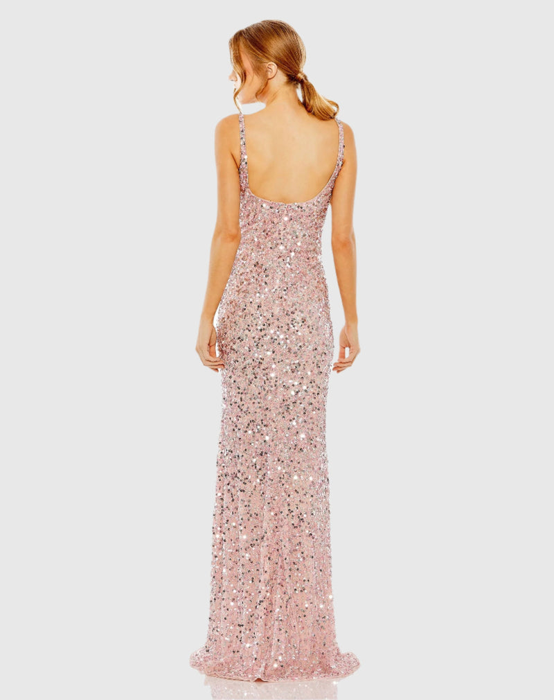 Sequin low back thin strap sequin gown - Pink