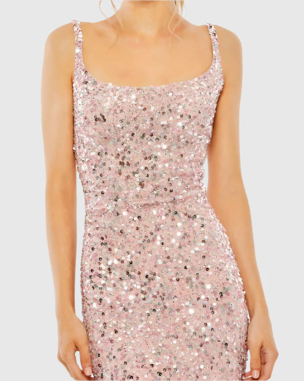 Sequin low back thin strap sequin gown - Sage