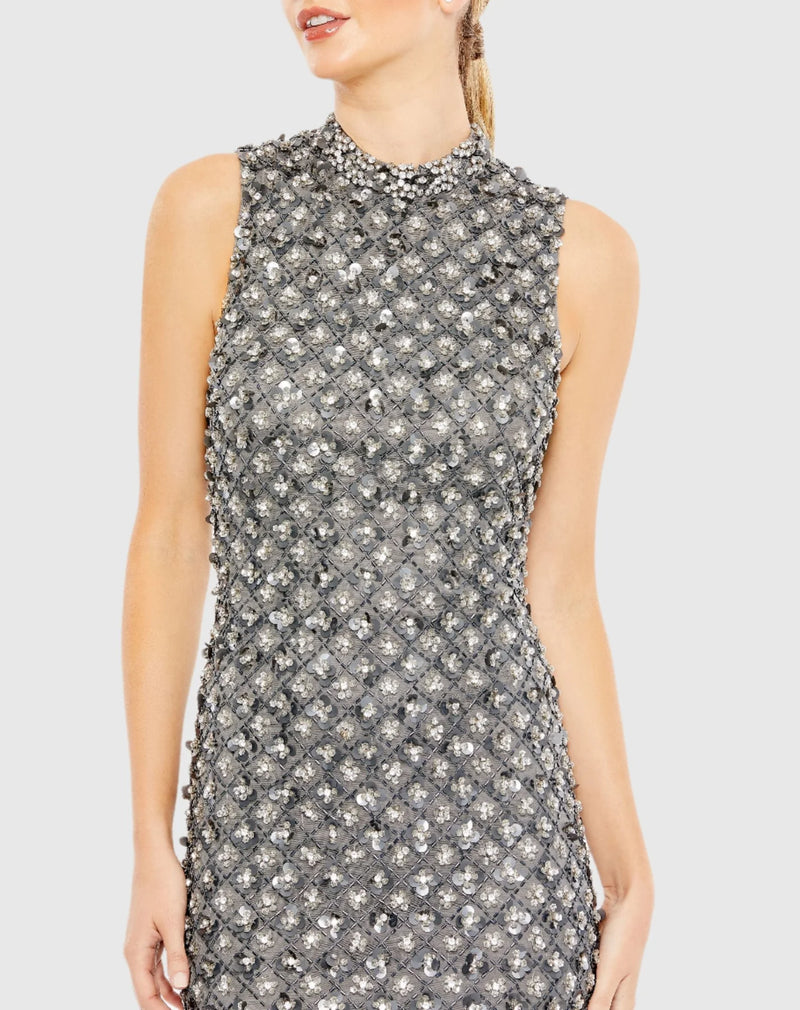 High neck crystal embellished midi gown - Charcoal