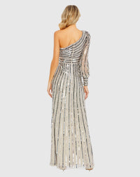 Asymmetric One Shoulder Sequin Gown - Platinum