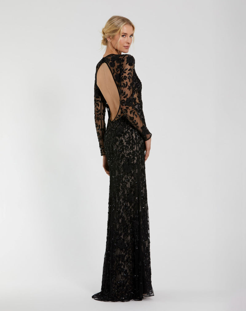 Long Sleeve Floral Embellished Gown - Black