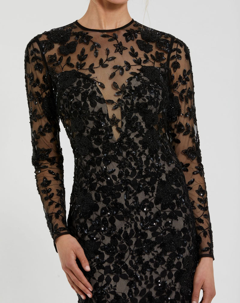 Long Sleeve Floral Embellished Gown - Black