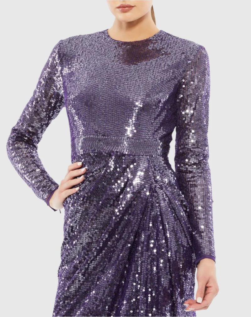 Sequin high neck draped gown- Dark Amethyst