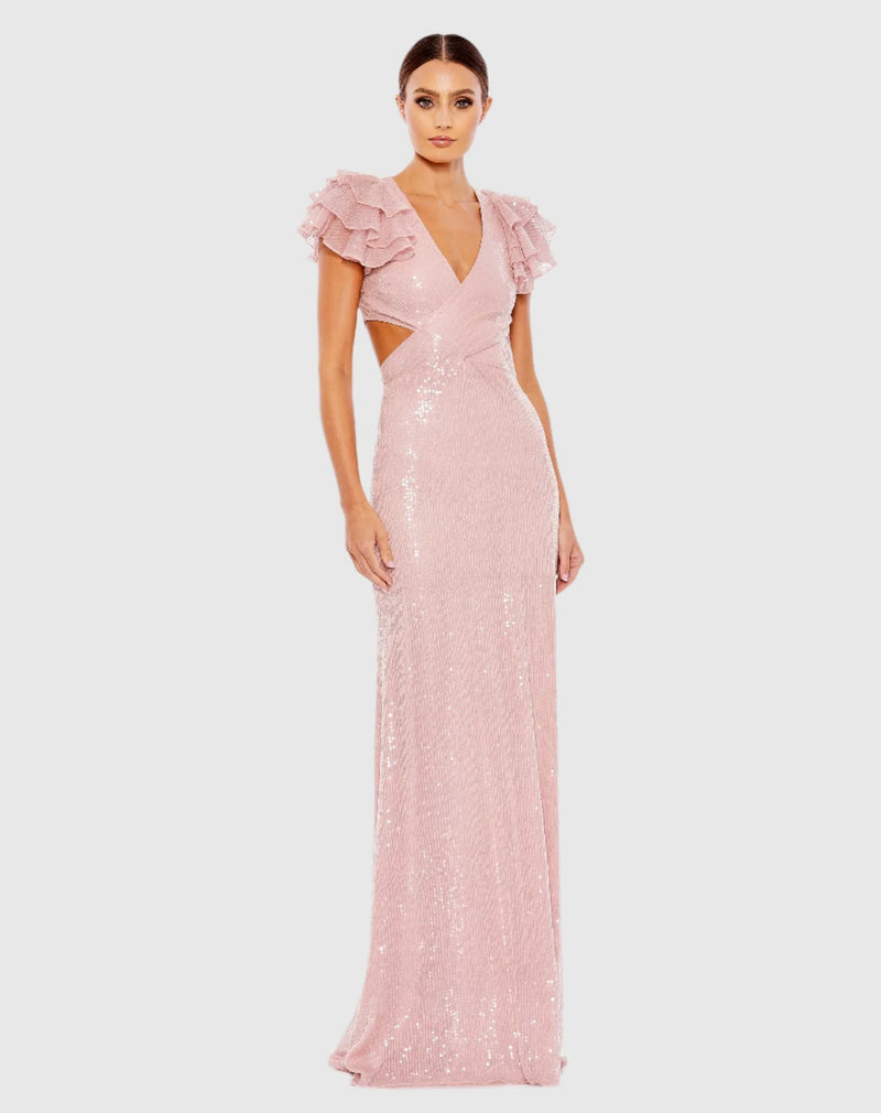 Mac Duggal, Sequin ruffle sleeve cut out lace up gown - Pink #10829 