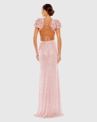 Sequin ruffle sleeve cut out lace up gown - Pink