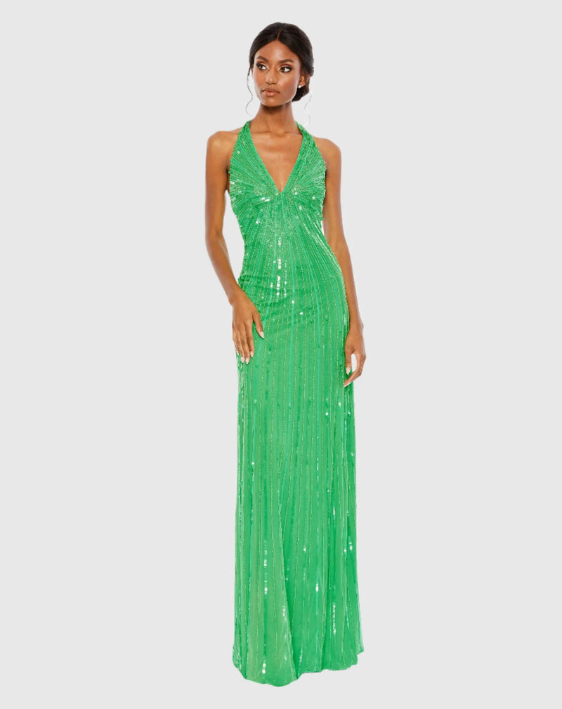 Mac Duggal, Sequin halter strap V neck column gown, Spring Green #10898