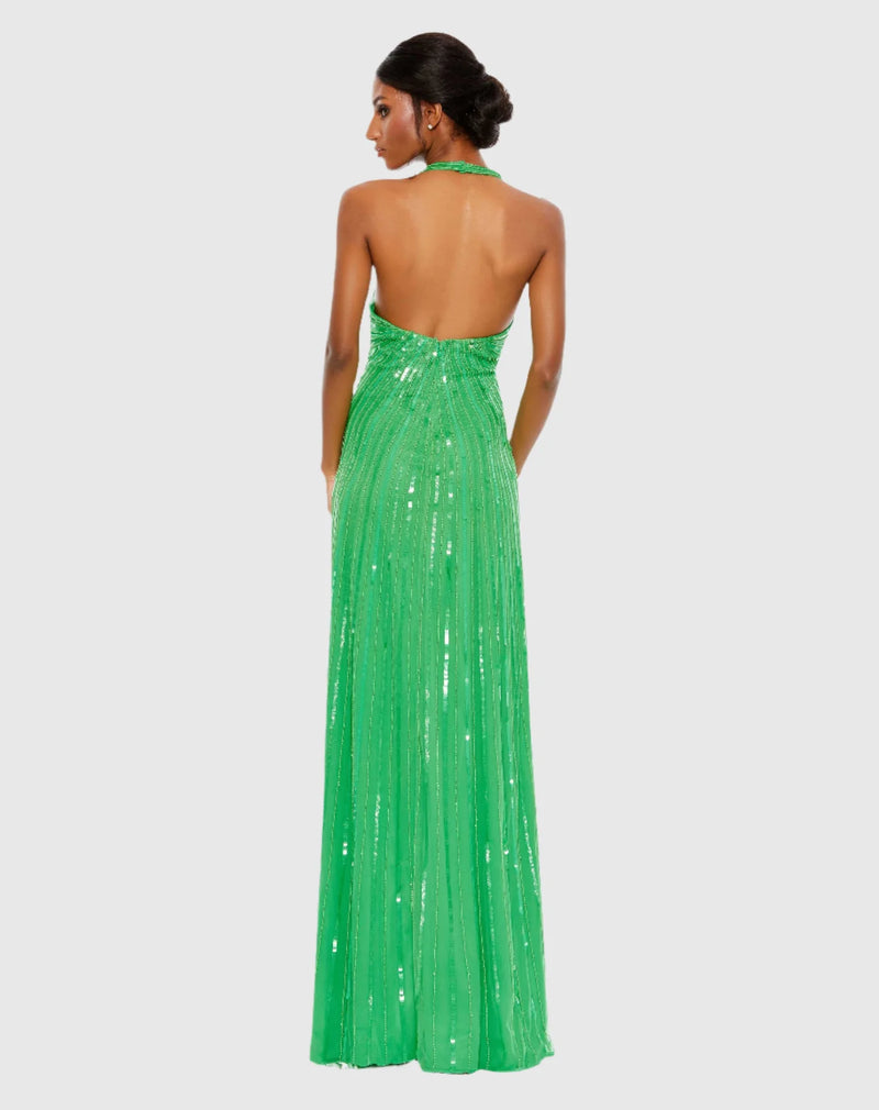 Sequin halter strap V neck column gown - Spring Green