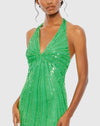 Sequin halter strap V neck column gown - Spring Green