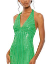 SEQUINED HALTER STRAP V NECK COLUMN GOWN - SPRING GREEN CLOSE UP