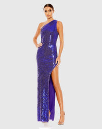 Mac Duggal, Sequined One Shoulder Asymmetrical Hem Gown Violet Purple #10905