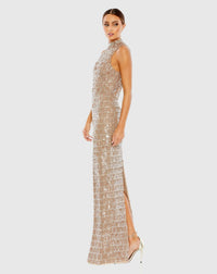 Sequin high neck sleeveless column gown - Taupe