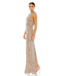 mac duggal SEQUINED HIGH NECK SLEEVELESS COLUMN GOWN