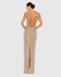 Sequin high neck sleeveless column gown - Taupe