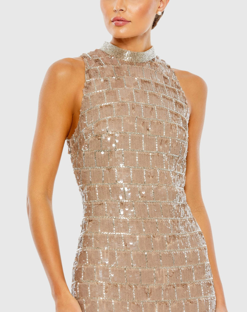 Sequin high neck sleeveless column gown - Taupe