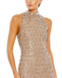 SEQUINED HIGH NECK SLEEVELESS COLUMN GOWN taupe midi dress