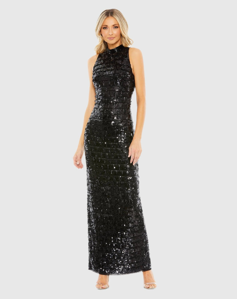 Mac Duggal, Sequined High Neck Sleeveless Column Gown #10907