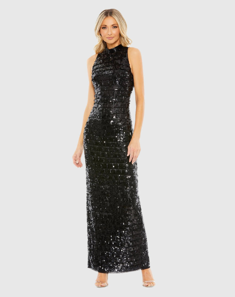 Sequin high neck sleeveless column gown - Black