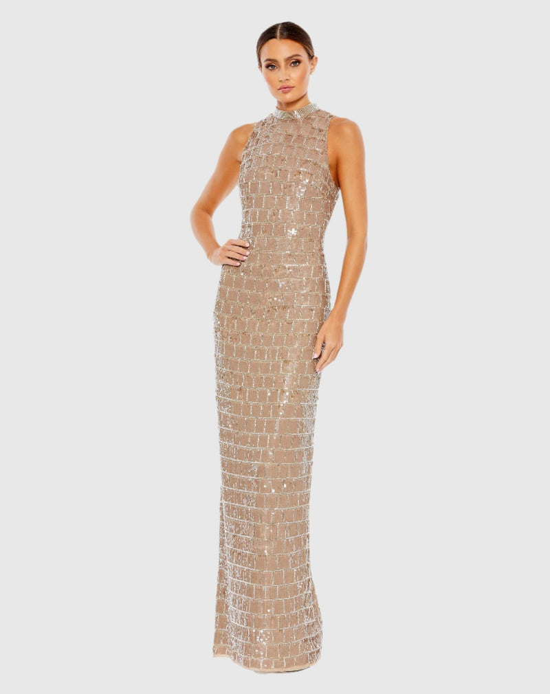 Mac Duggal, Sequined High Neck Sleeveless Column Gown #10907 Taupe 