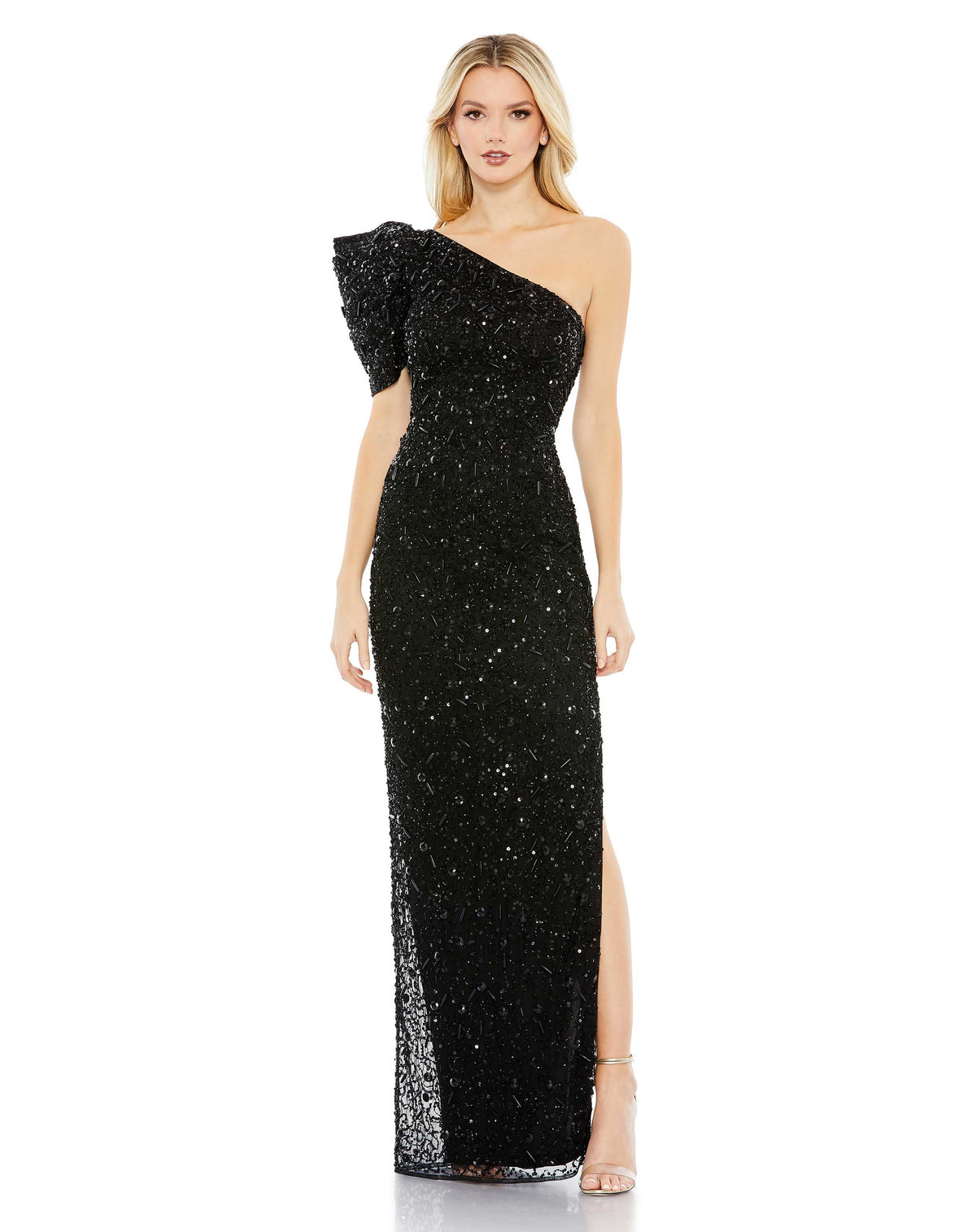 Asymmetric Puff Shoulder Gown - black, abyss by abby, portia & scarlett, mac duggal