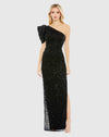 Asymmetric Puff Shoulder Gown - Black - Sale