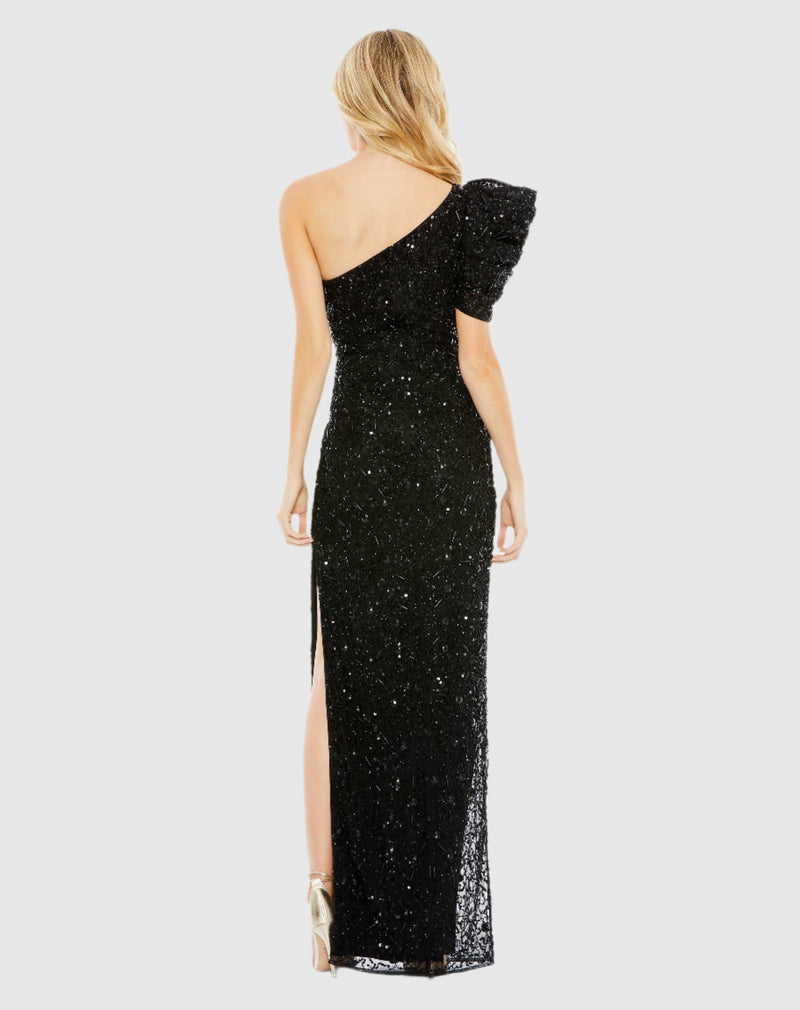 Asymmetric Puff Shoulder Gown - Black - Sale