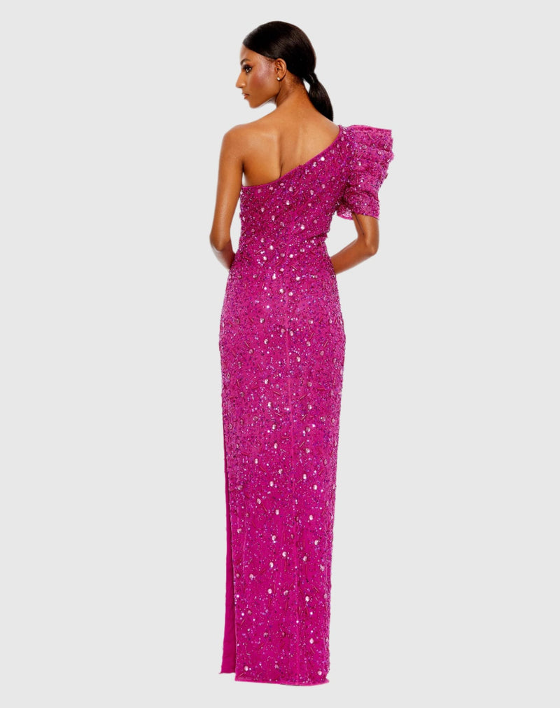 Asymmetric Puff Shoulder Gown - Hot Pink - Sale