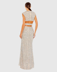 Sequin cap sleeveless plunge neck cut out gown - Silver