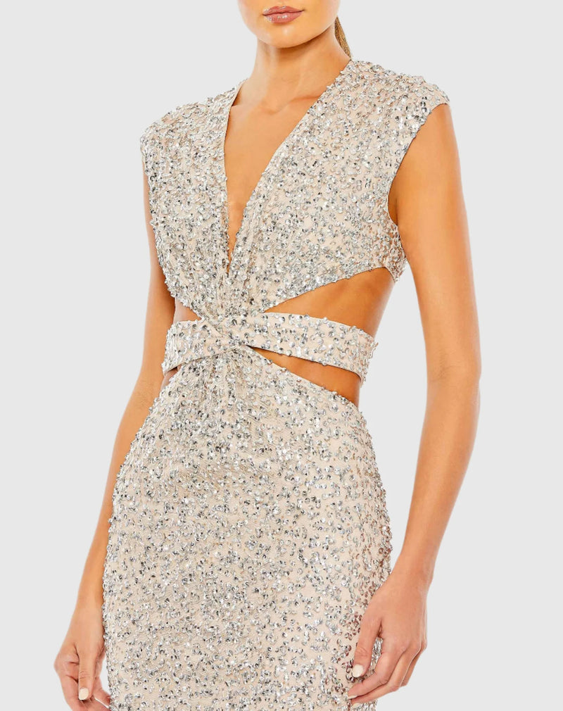 Sequin cap sleeveless plunge neck cut out gown - Silver