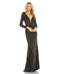 Embellished Long Sleeve Plunge Gown - Black