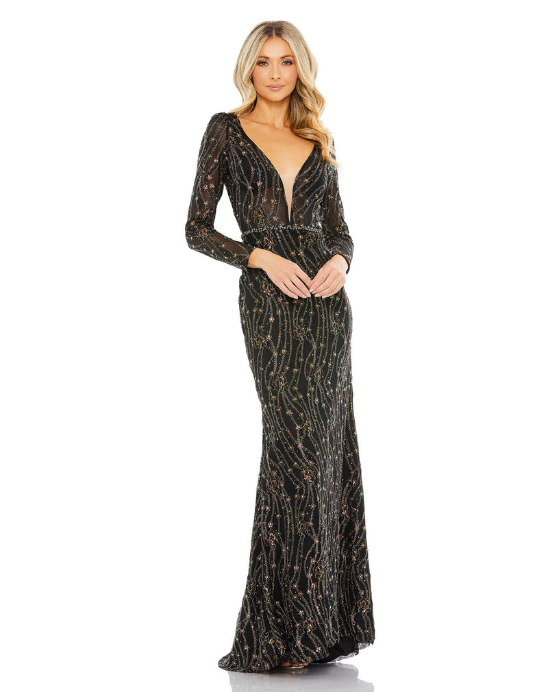 Embellished Long Sleeve Plunge Gown - Black