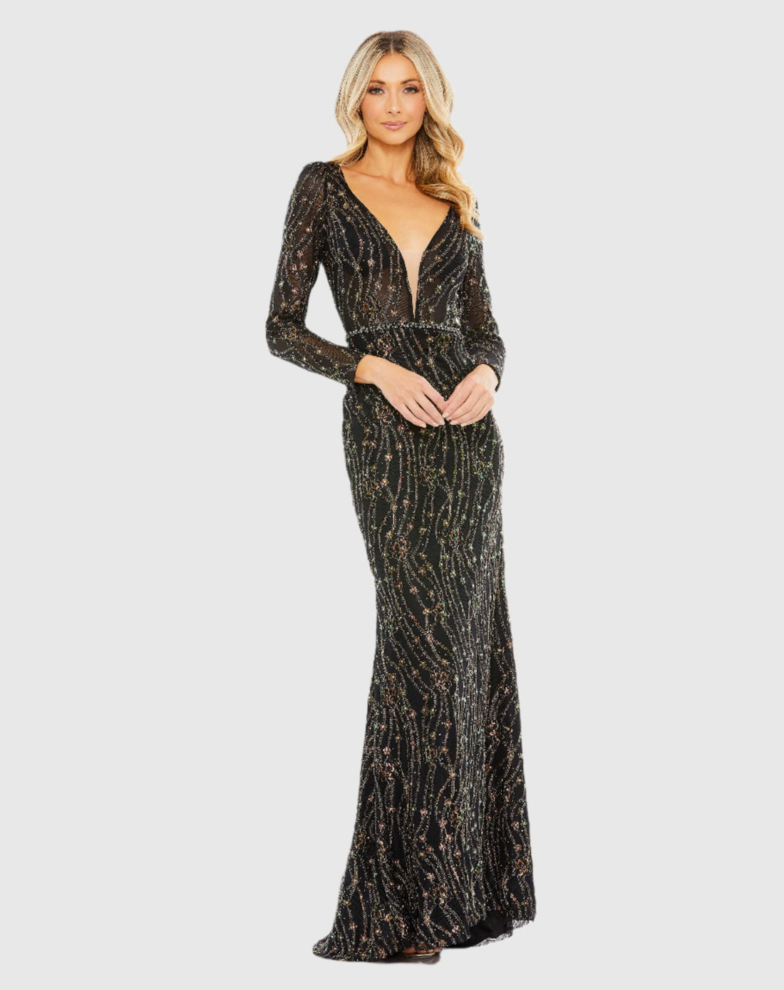 Mac Duggal #11159  Embellished Long Sleeve Plunge Trumpet Gown Bronze 