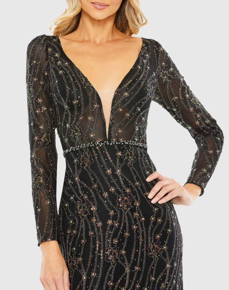 Embellished Long Sleeve Plunge Trumpet Gown - Bronze