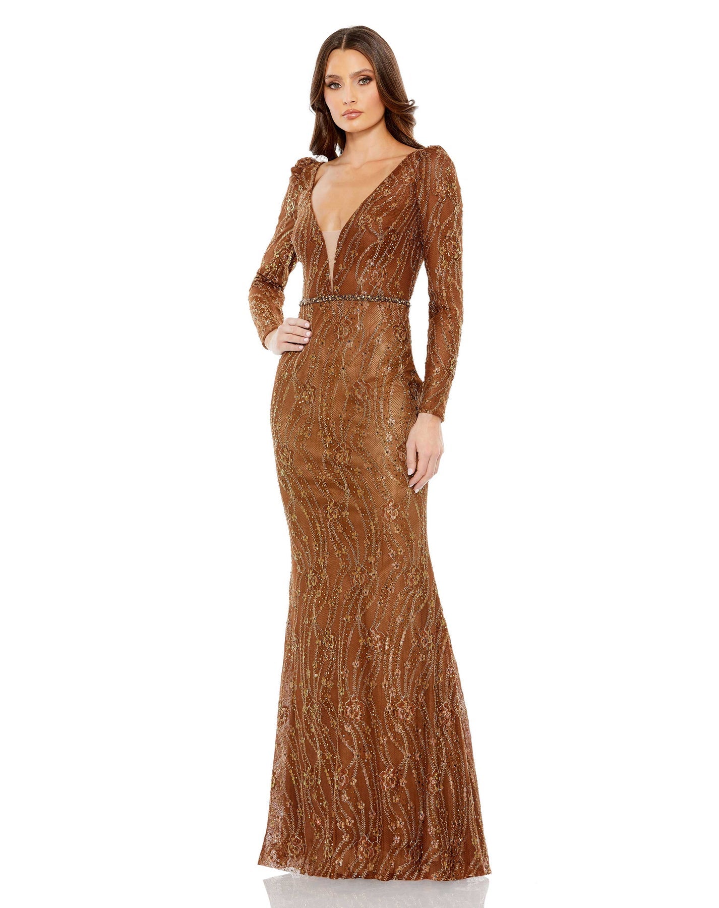 Embellished Long Sleeve Plunge Gown Bronze