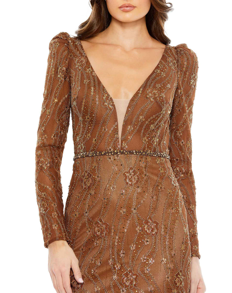 Mac Duggal #11159 Embellished Long Sleeve Plunge Gown - Bronze