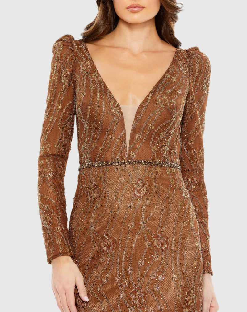 Embellished Long Sleeve Plunge Trumpet Gown - Bronze