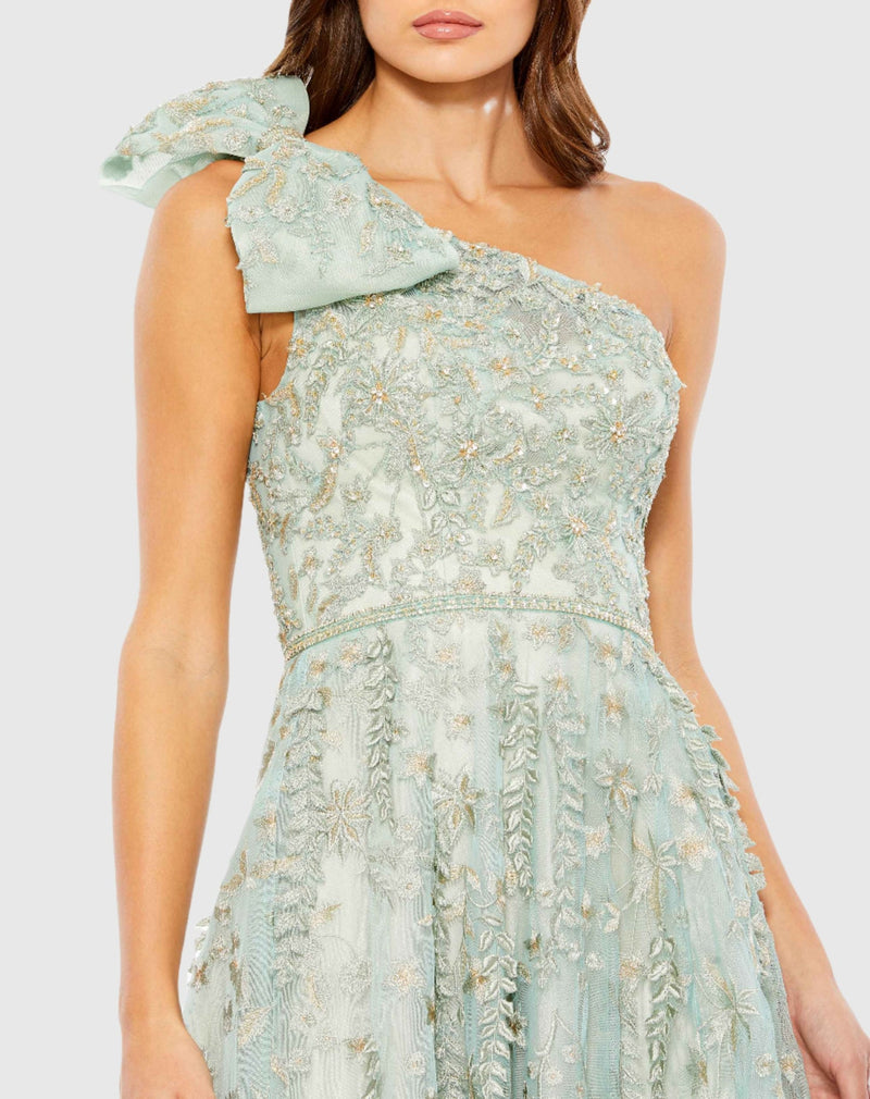 Embellished bow one shoulder A-line gown - Sage