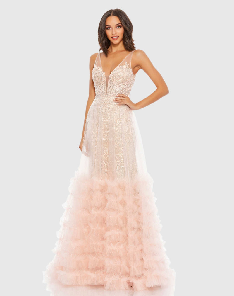 Mac Duggal, Lace Ruffle Tiered Plunge Gown - Peach #11183 