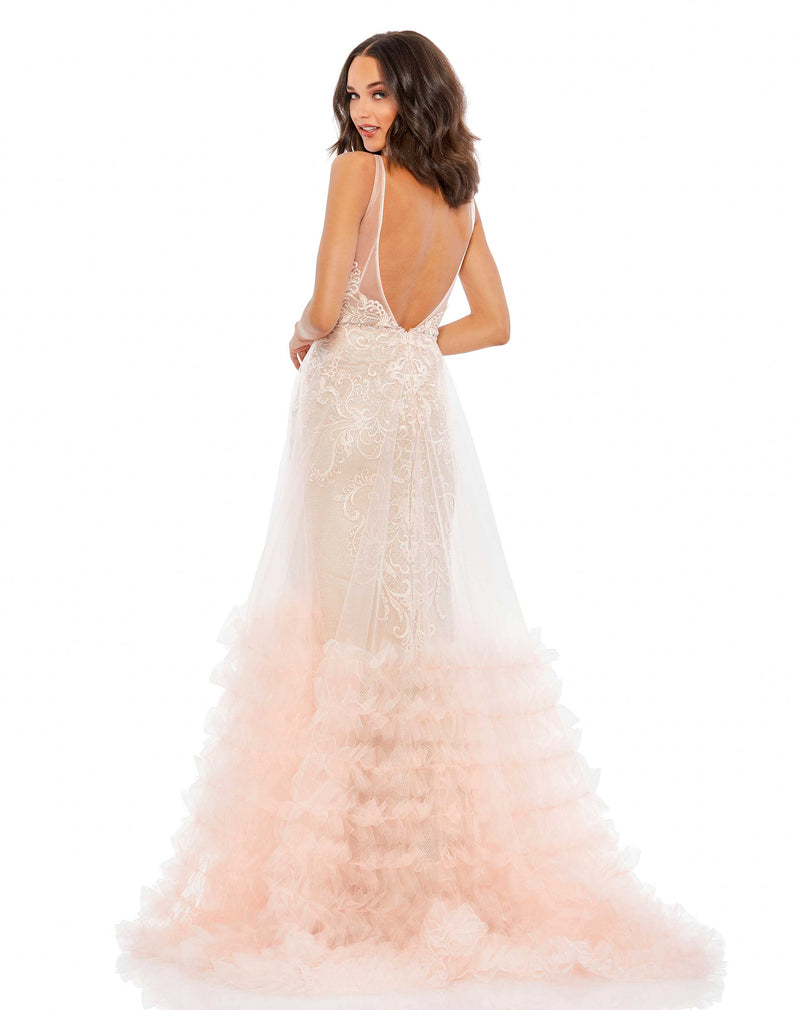 Lace Ruffle Tiered Plunge Gown - Peach