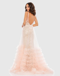 Lace Ruffle Tiered Plunge Gown - Peach