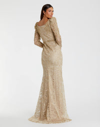 Embroidered Lace Applique Shoulder Detail Trumpet Gown - Light Gold