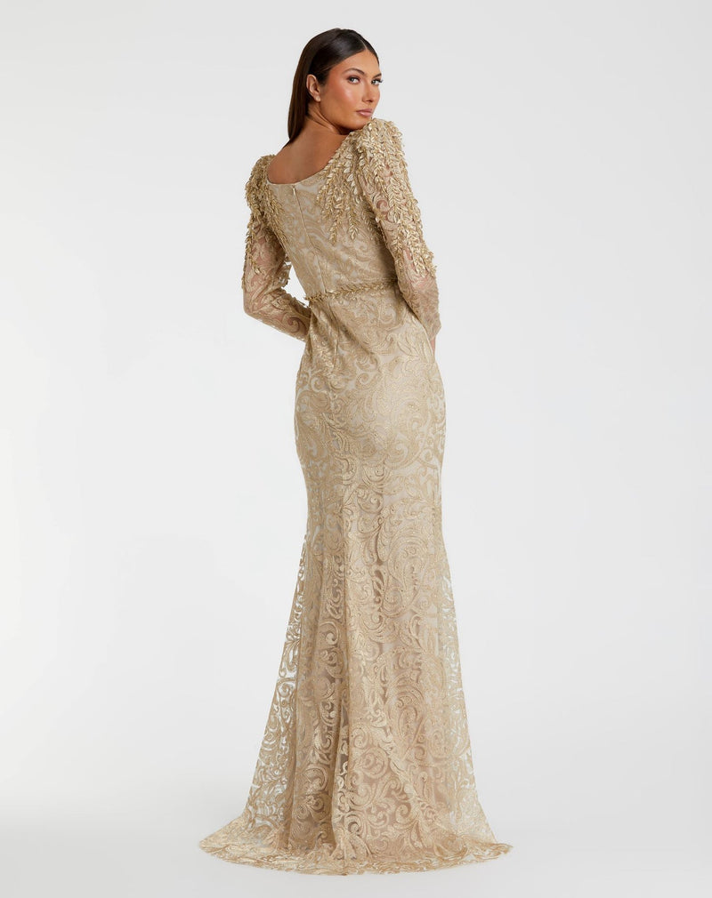 Embroidered Lace Applique Shoulder Detail Trumpet Gown - Light Gold