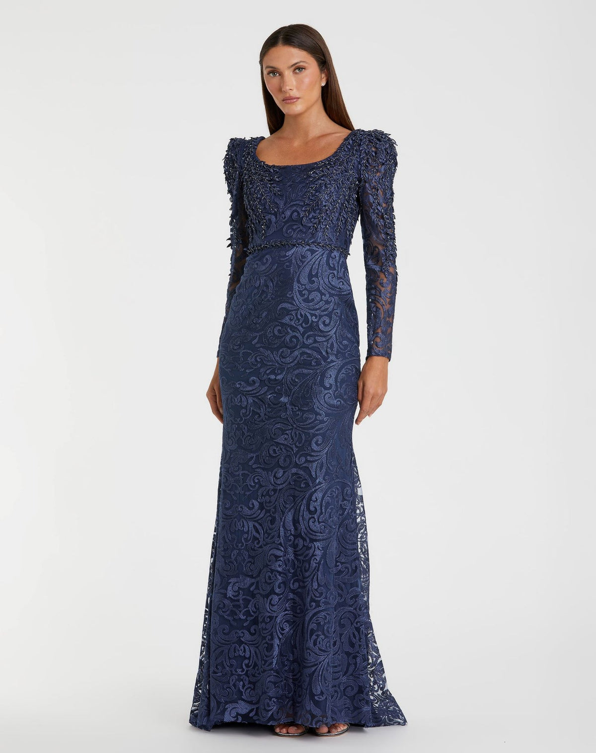 Mac Duggal Blue Embroidered Lace Applique Shoulder Detail Trumpet Gown #11187 Midnight Navy|