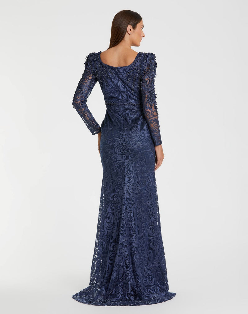 Blue Embroidered Lace Applique Shoulder Detail Trumpet Gown - Midnight