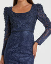 Blue Embroidered Lace Applique Shoulder Detail Trumpet Gown - Midnight